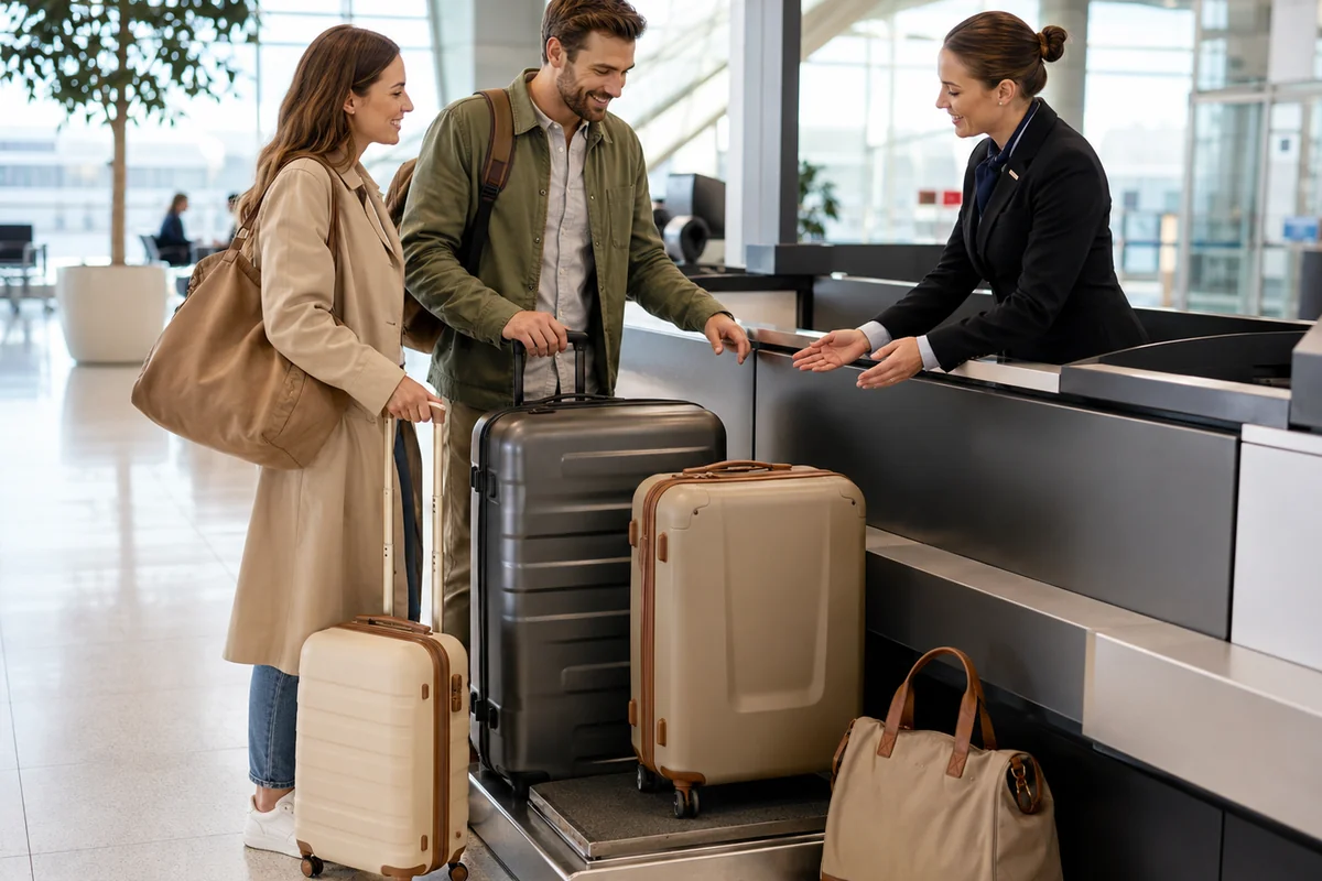 Travelers checking luggage at an airline counter while reviewing baggage requirements