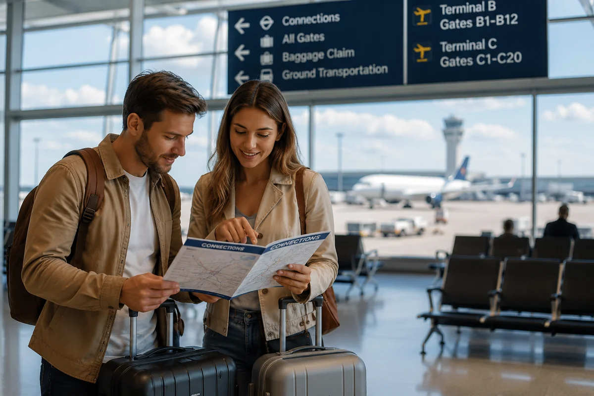 Couple reviewing a connections map together in an airport terminal with luggage, navigating multi-city and connecting flight options under airport directional signs
