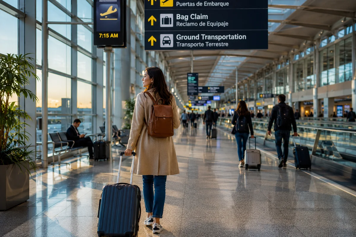 Woman pulling a suitcase through a spacious airport terminal under directional signs for gates, baggage claim, and ground transportation, illustrating connection windows and transfer timing for air travel