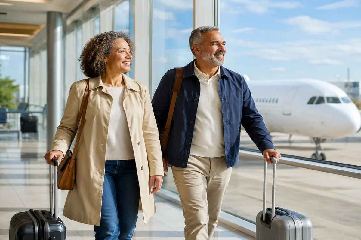 Couple walking through an airport terminal with luggage before their trip