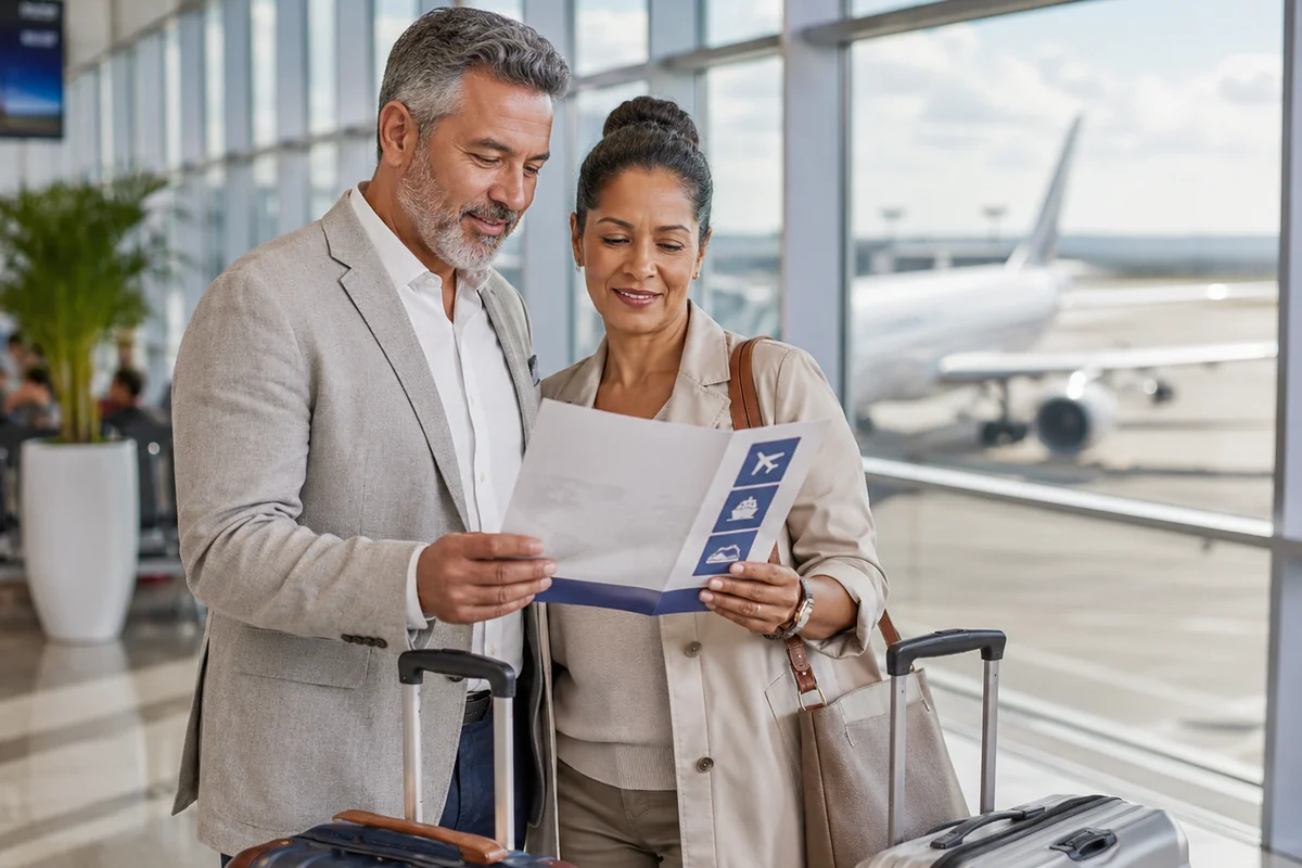 Mature couple reviewing a travel brochure with cruise, tour, and flight icons in an airport terminal with luggage and airplanes visible, illustrating coordinated air travel for international and multi-modal trips
