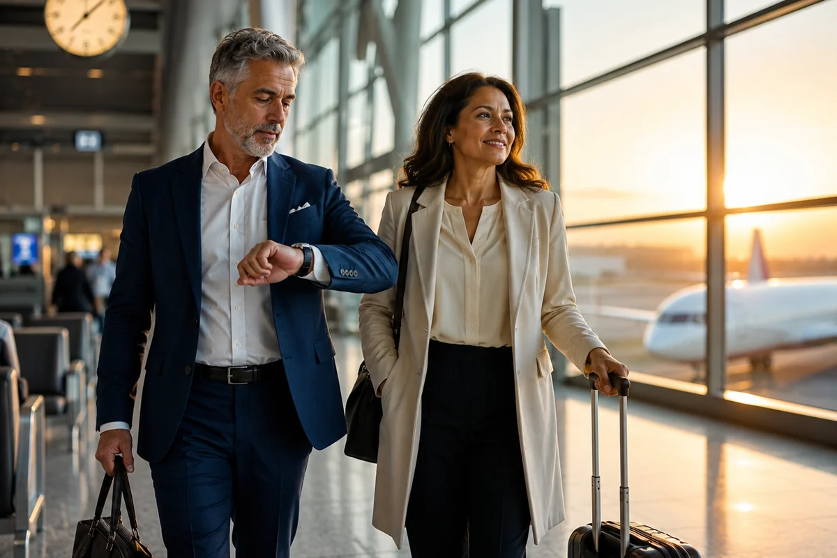 Couple walking through airport for departure and arrival times for their air travel.