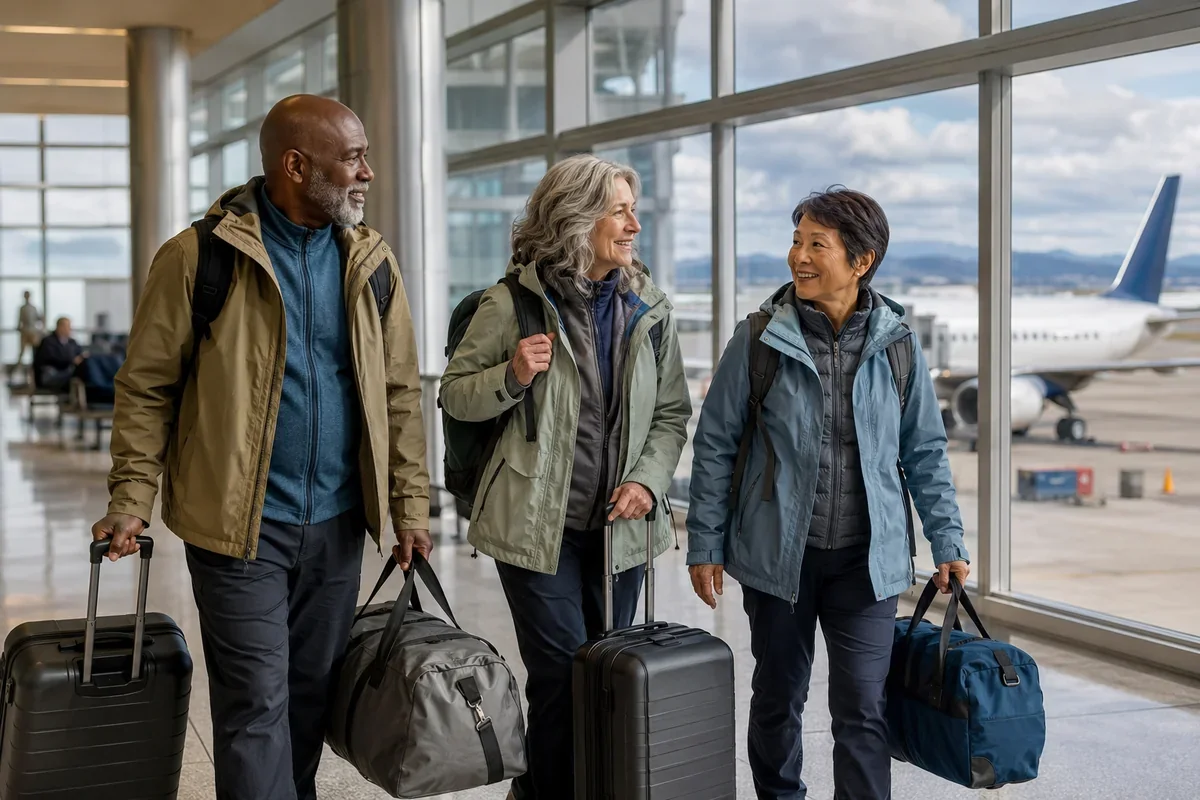 Expedition cruise travelers carrying luggage through an airport terminal