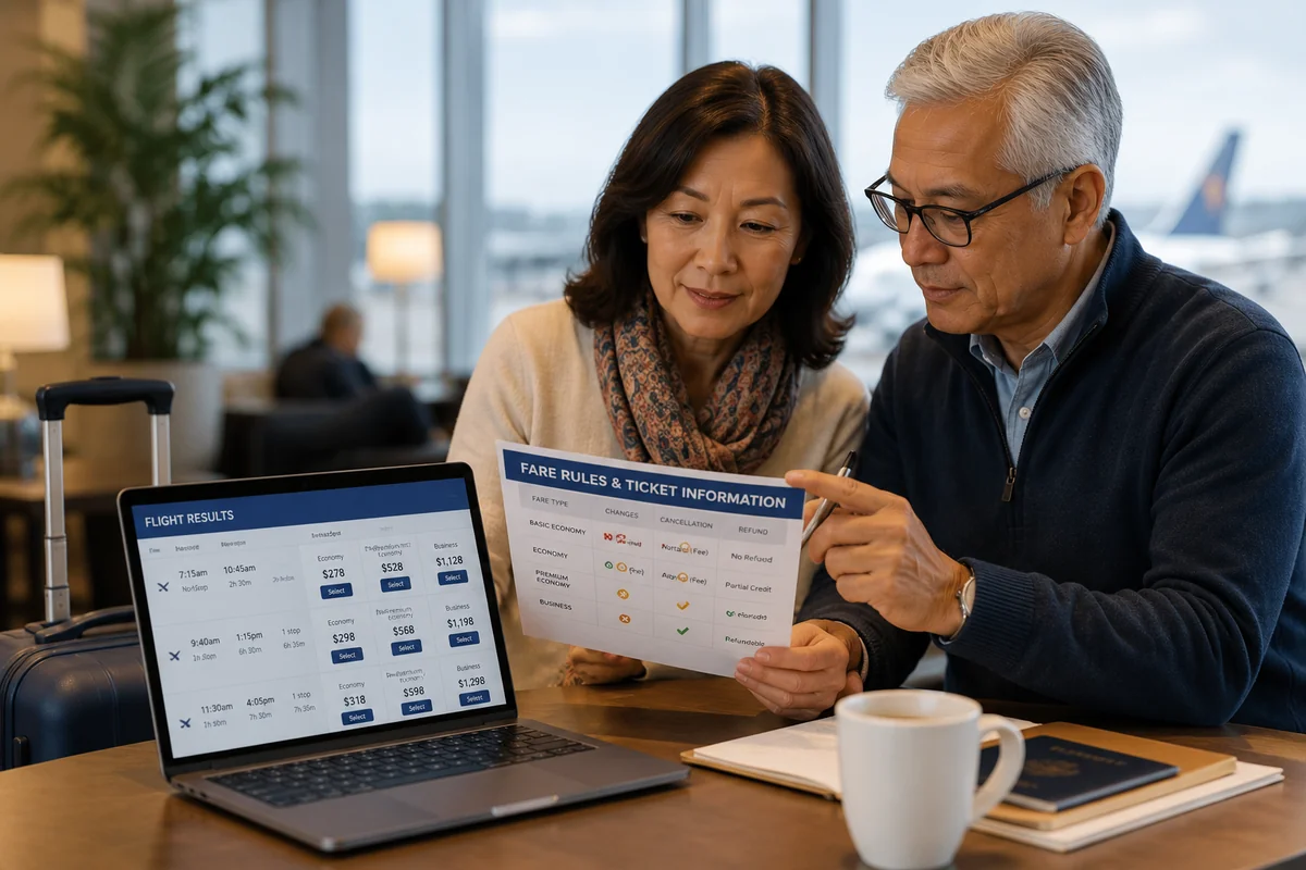 Mature couple reviewing fare rules and ticket information at an airport lounge table with a laptop showing flight results, illustrating cabin class and ticket policy choices for air travel