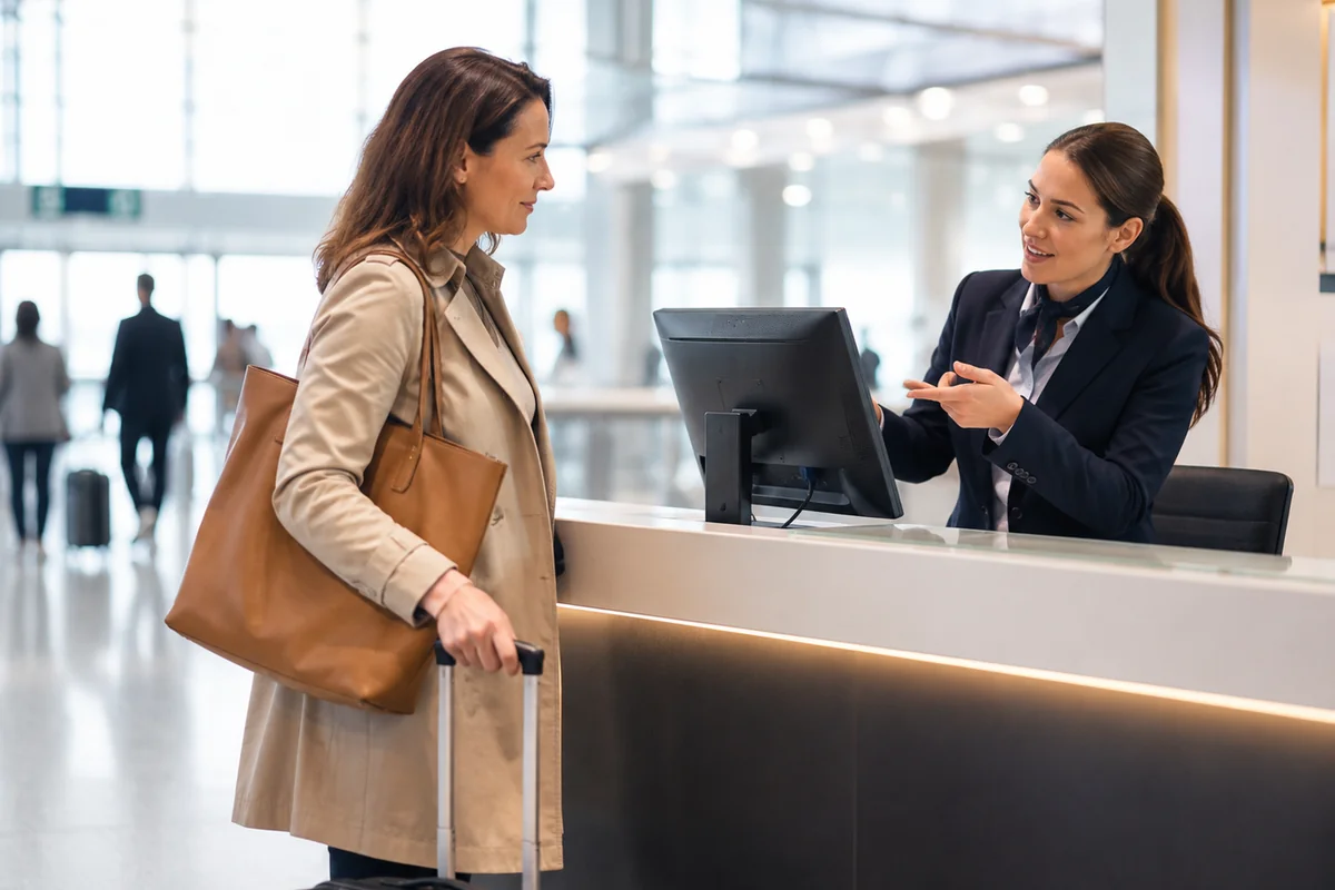 Traveler speaking with an airline representative about fare restrictions and ticket rules