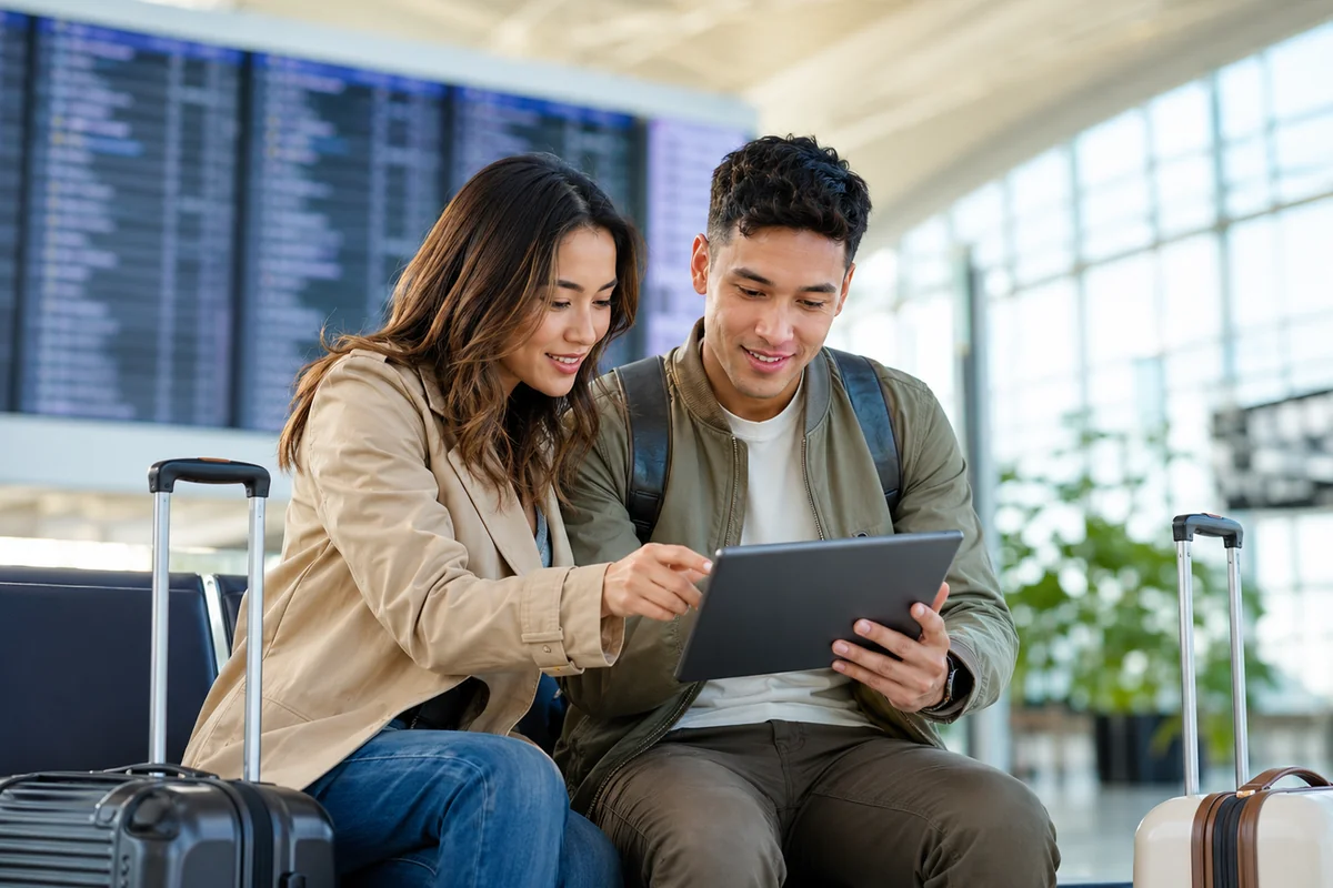 Travelers comparing flight schedules and departure options in a modern airport terminal