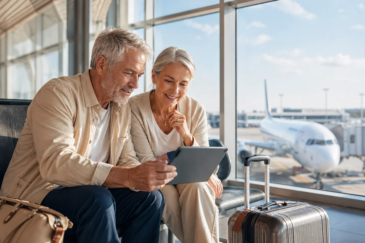 Mature couple smiling while reviewing travel plans on a tablet in a bright airport terminal with luggage and an airplane visible through the windows