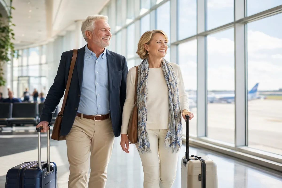 Mature couple walking through a bright modern airport terminal with luggage, smiling toward the tarmac and planes outside