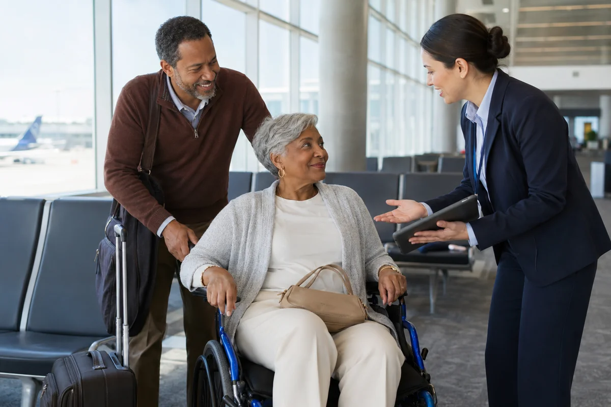 Airline agent assisting a smiling senior woman in a wheelchair and her companion in an airport terminal, representing seating and accessibility request support for air travel