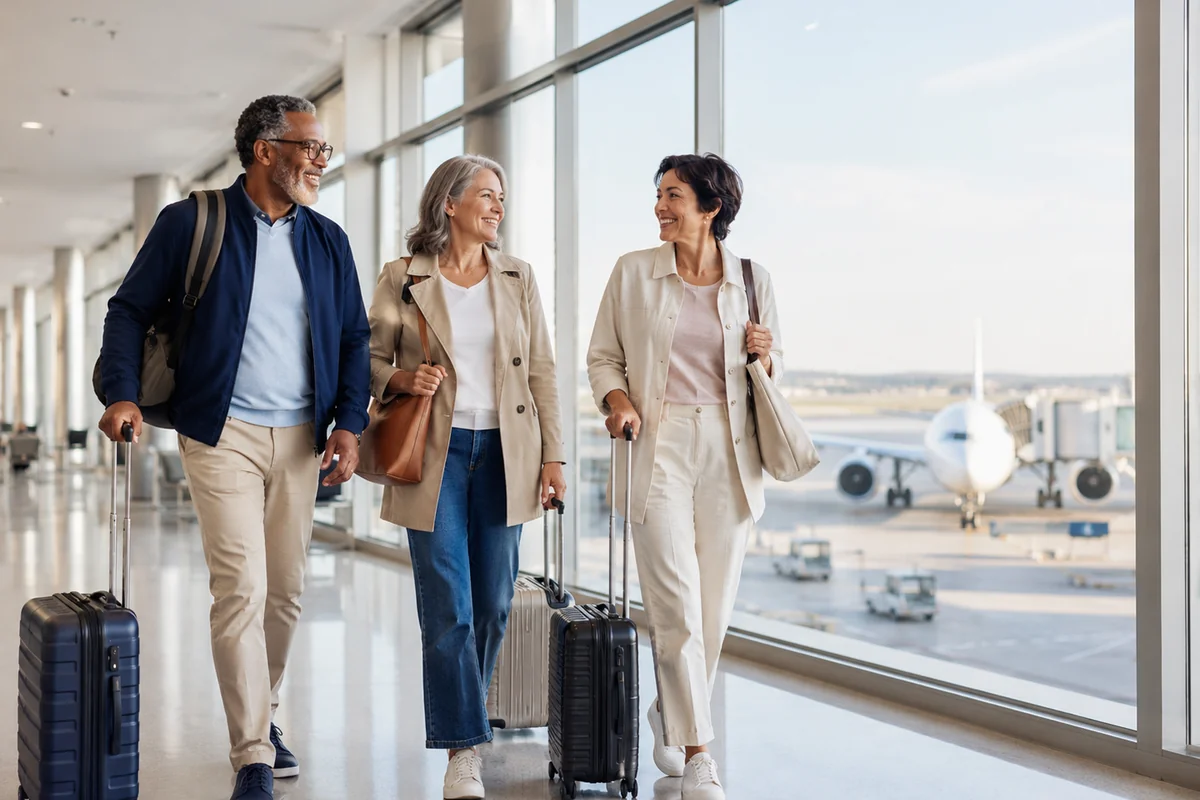Travelers with luggage preparing for air travel connected to a rail journey