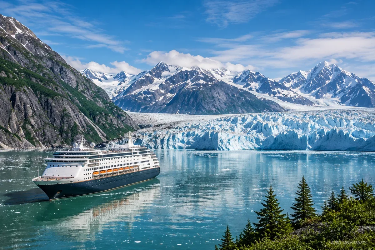 Cruise ship sailing on calm turquoise water toward a massive blue glacier with snow-capped mountains under a clear sky