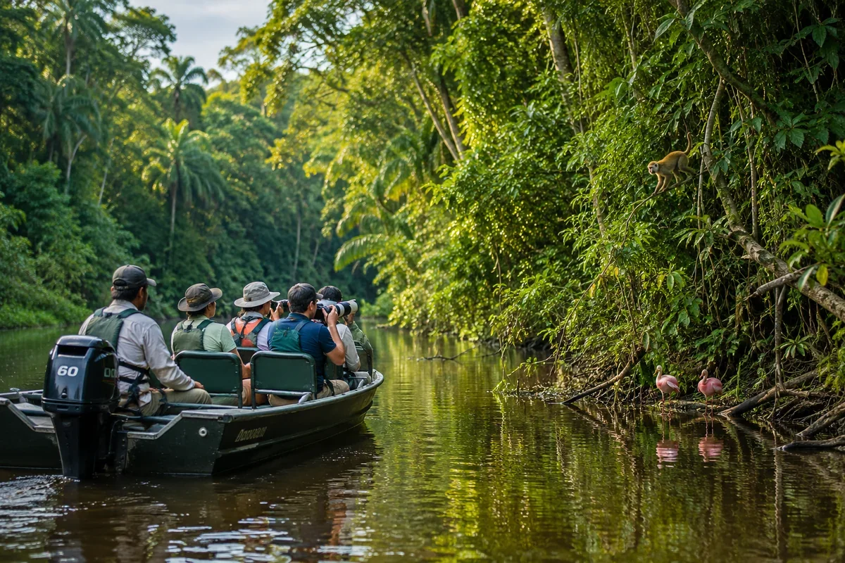 Expedition travelers spotting wildlife by boat in the Amazon rainforest
