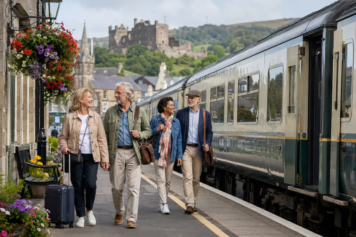 Travelers boarding a passenger train near a historic castle in Britain or Ireland