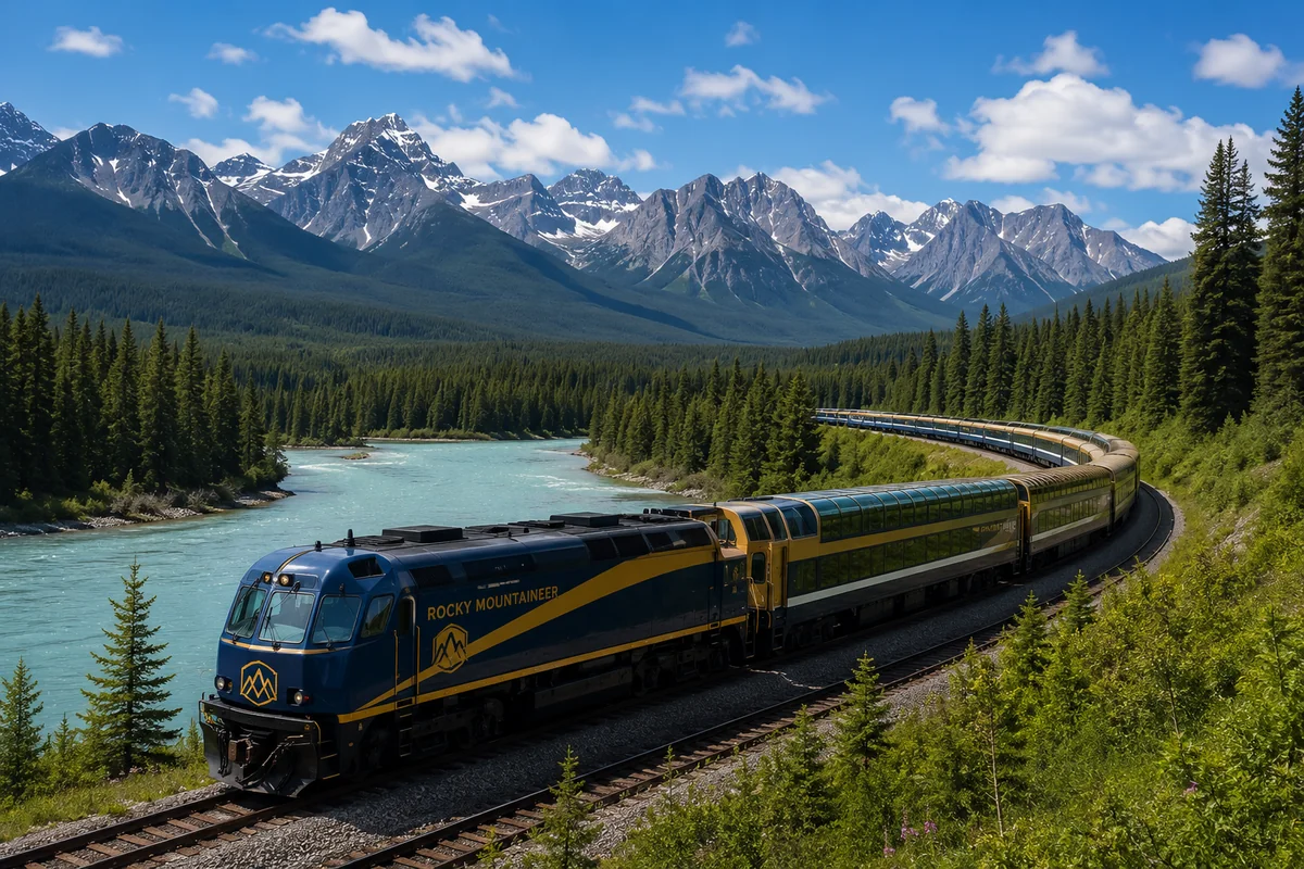 Scenic passenger train traveling through mountain landscapes in Canada or Alaska