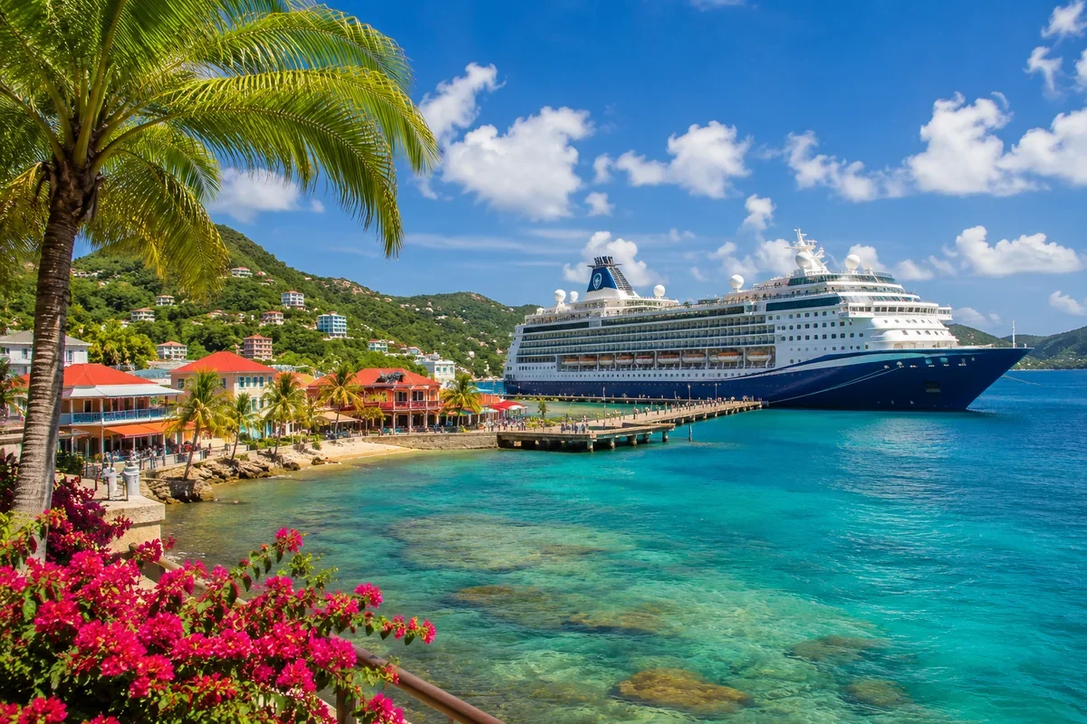Large cruise ship docked at a colorful Caribbean port with turquoise water, palm trees, and pink flowers in the foreground under a bright blue sky