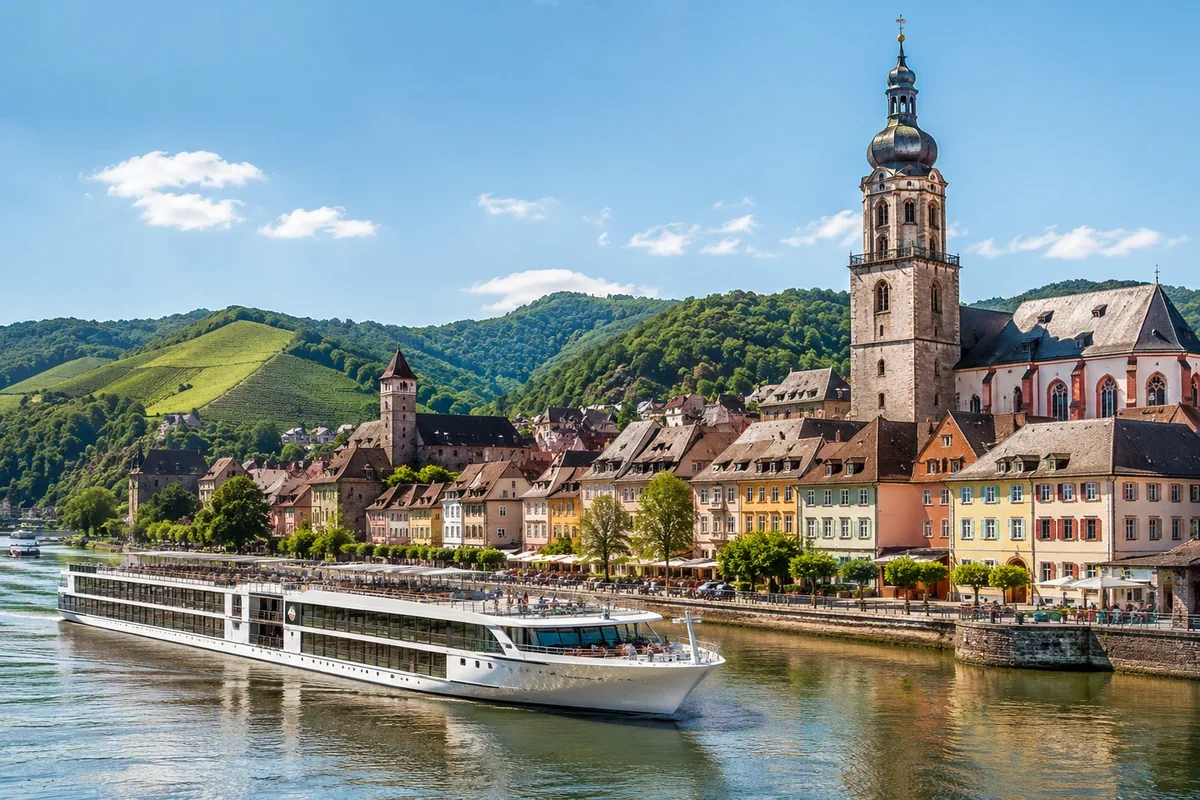 European river cruise ship passing a historic riverside town and vineyards