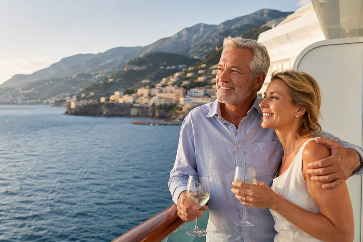 Couple enjoying wine on a cruise ship balcony overlooking a coastal destination