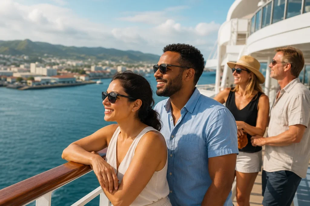 Diverse group of smiling travelers on a cruise ship deck overlooking a sunny coastal harbor town and green mountains