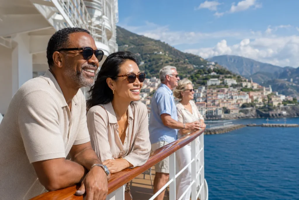 Couple enjoying coastal views from the deck of a cruise ship
