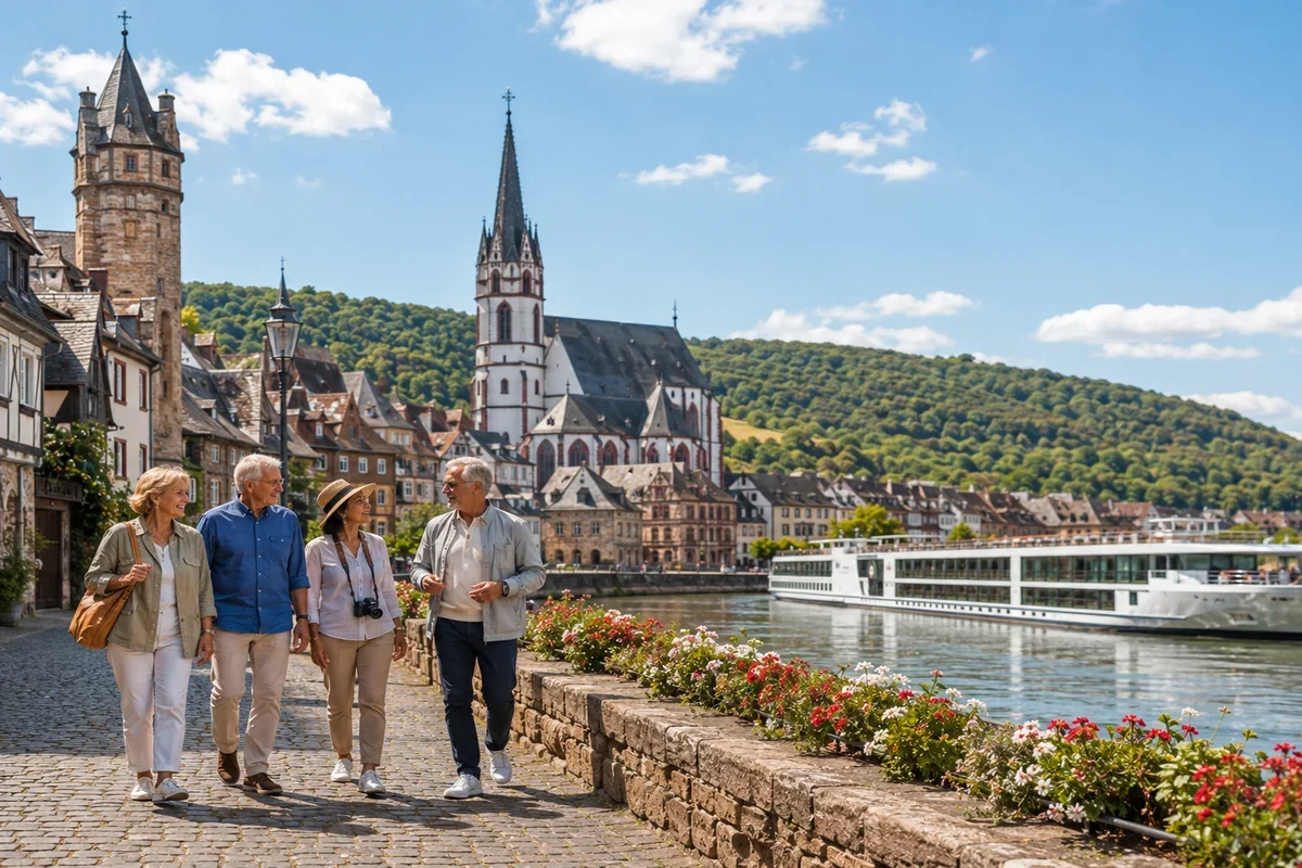 River cruise travelers exploring a historic European town along the waterfront