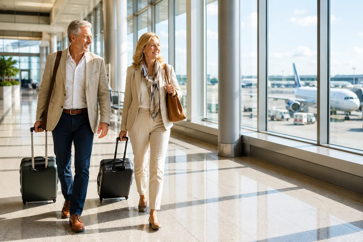 Travelers walking through an airport terminal as part of a custom vacation itinerary