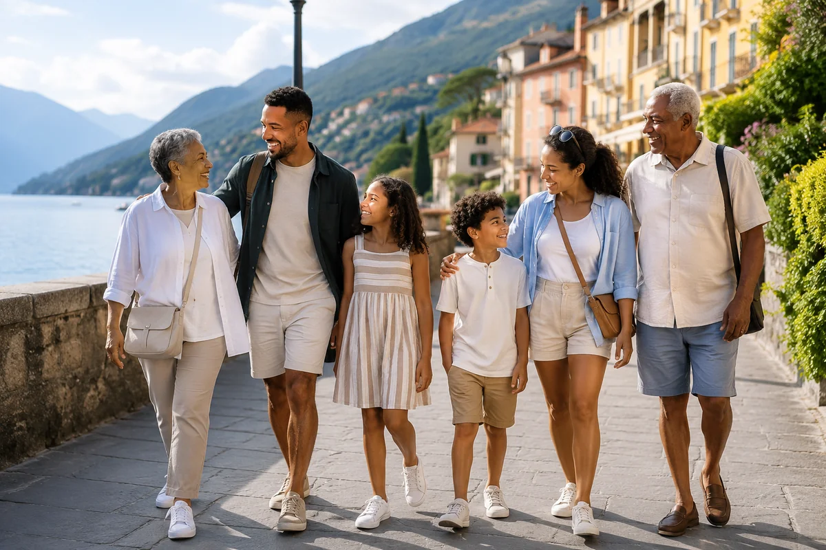 Multigenerational family walking together along a scenic lakeside destination