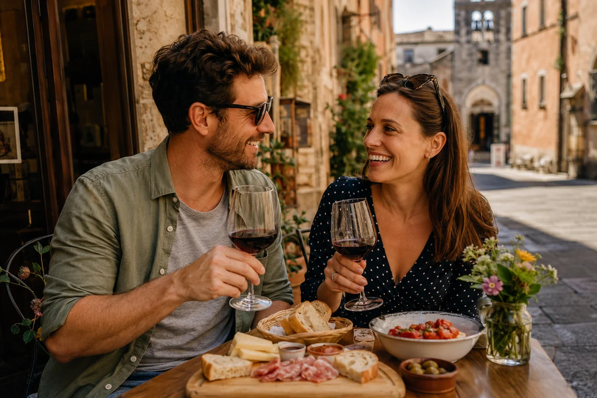 Couple enjoying local food and wine during a cultural travel experience