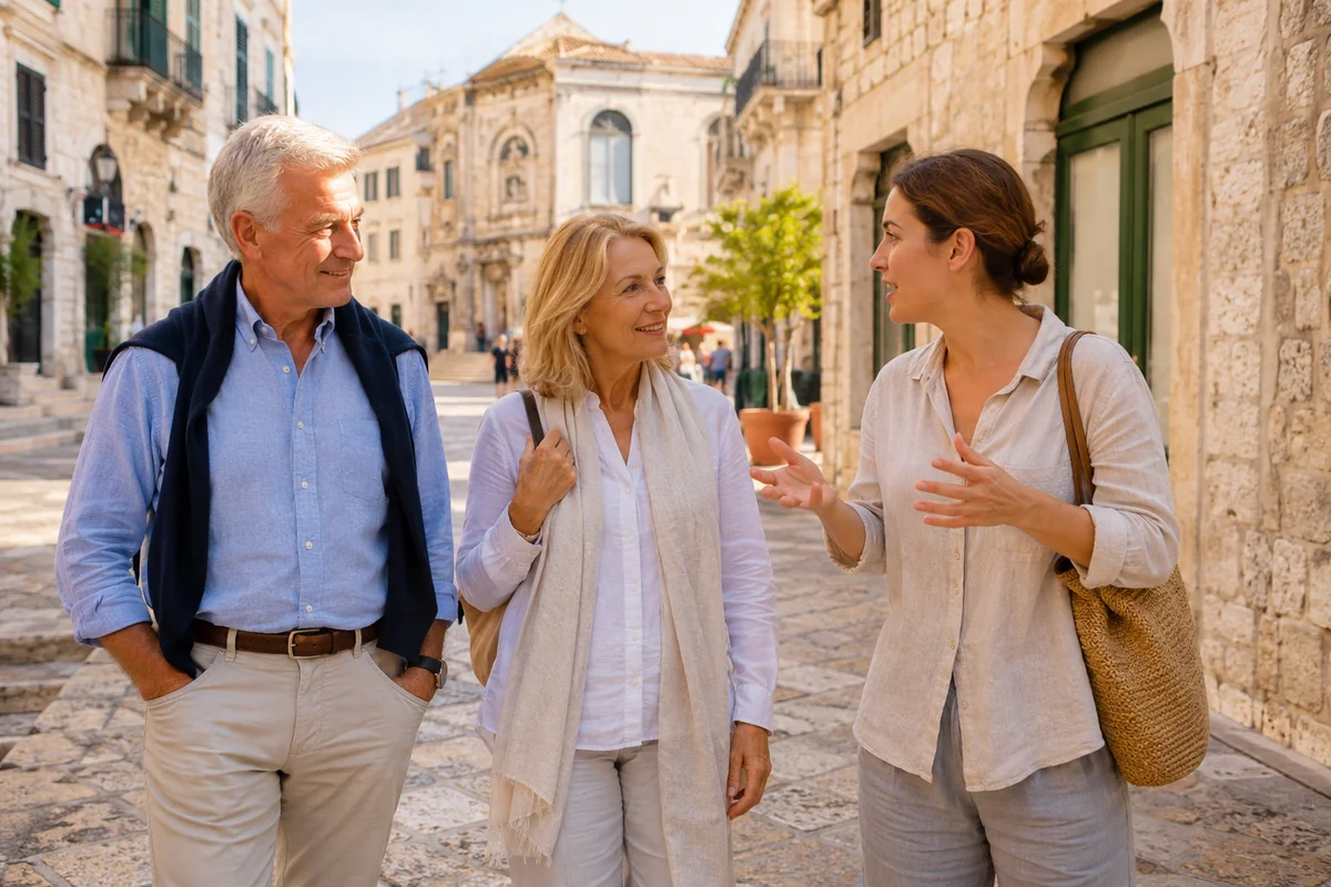 Travelers exploring a historic destination with a guided tour