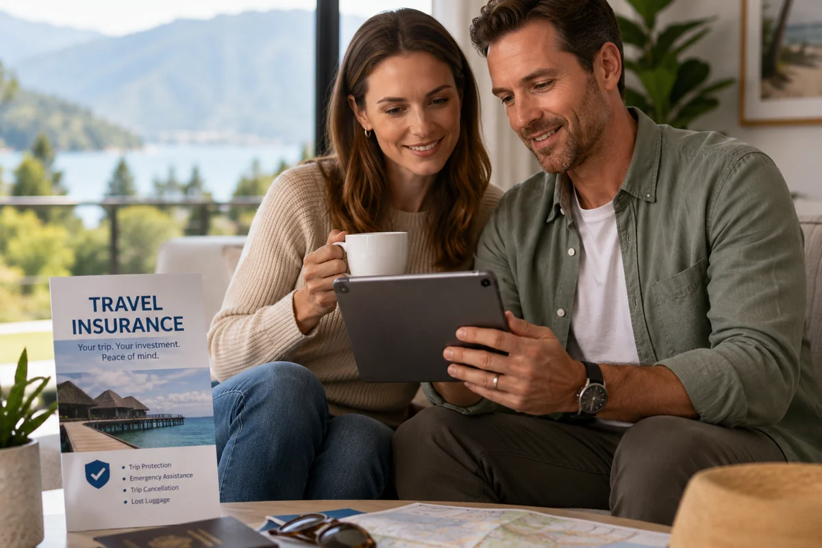 Couple reviewing travel insurance information while planning a custom vacation