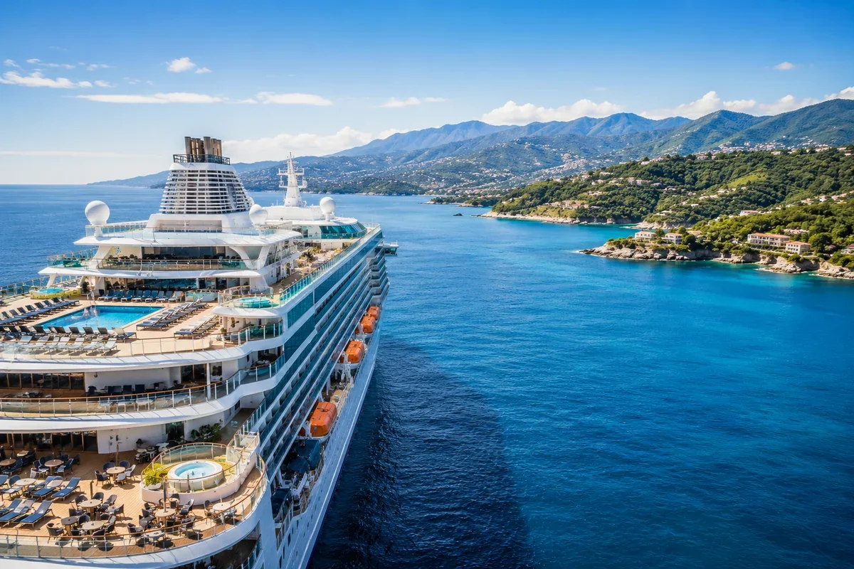 Large cruise ship sailing along a scenic coastline with turquoise water, green hills, and coastal towns under a clear blue sky