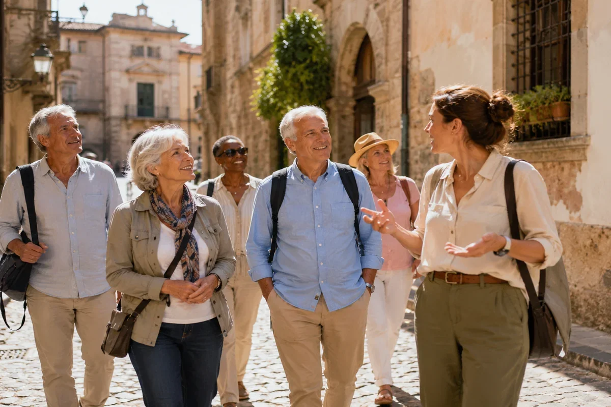 Group of mature travelers listening to a guide on a sunny cobblestone street in a historic European town during a guided tour