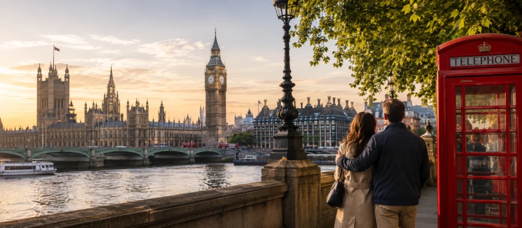 Couple overlooking Big Ben and the Houses of Parliament along the River Thames in London