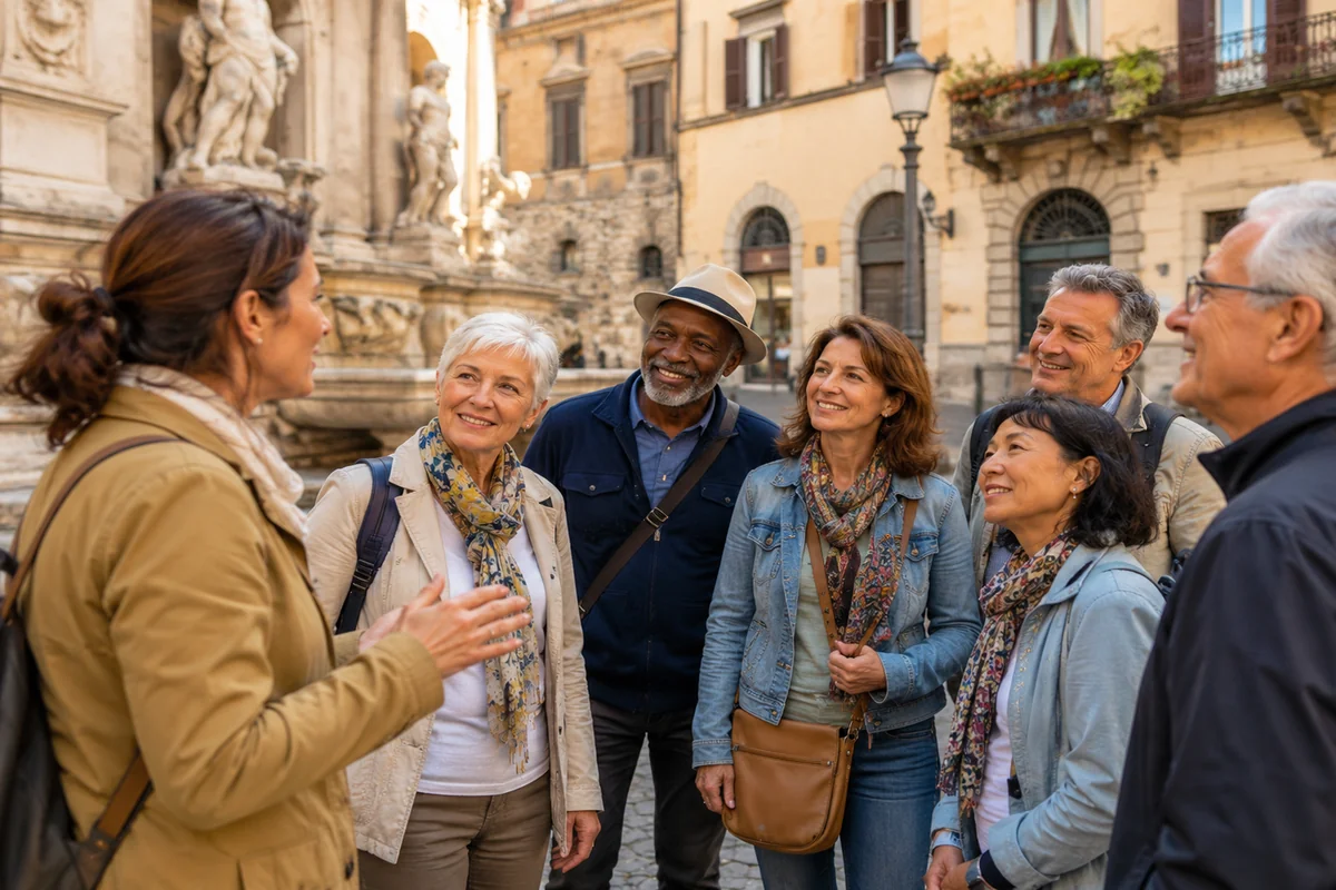 Travelers exploring a European city on a guided tour