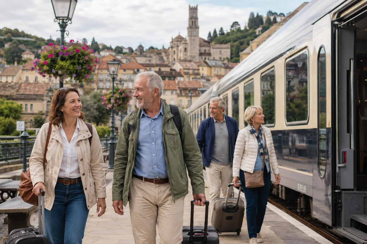 Travelers boarding a scenic European train in a historic riverside town