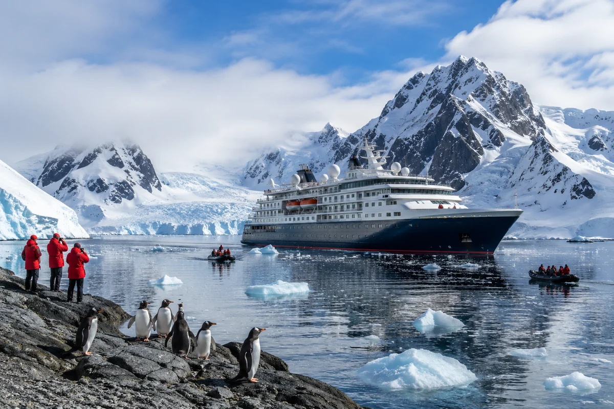 Expedition cruise ship anchored among icebergs with penguins in Antarctica