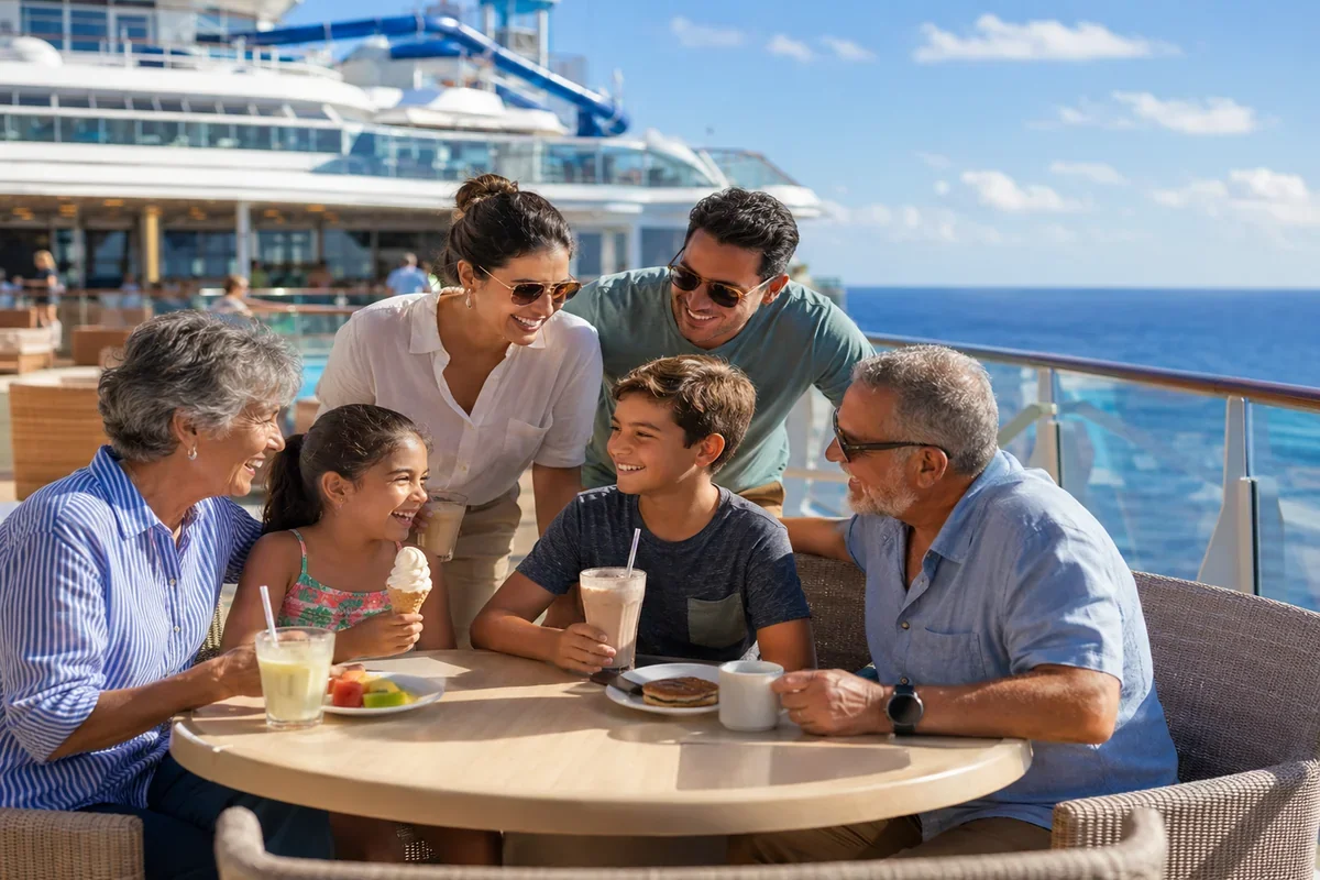 Multigenerational family enjoying time together aboard an ocean cruise