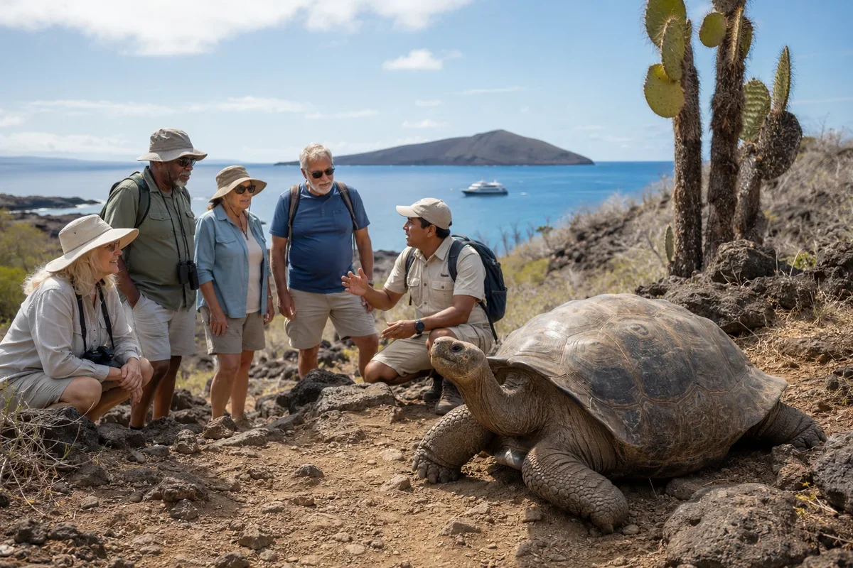 Travelers observing a giant tortoise with a guide in the Galápagos Islands
