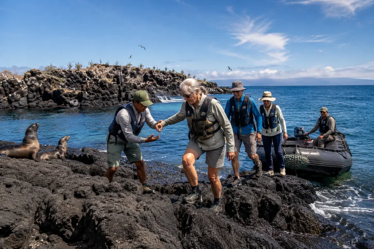Mature travelers stepping from a zodiac onto volcanic rocks with sea lions nearby during an expedition cruise landing under a clear blue sky