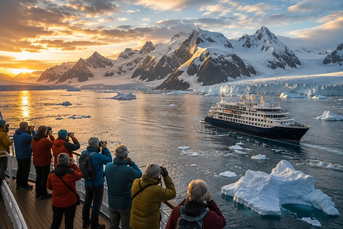 Expedition cruise ship sailing among icebergs and glaciers at sunset