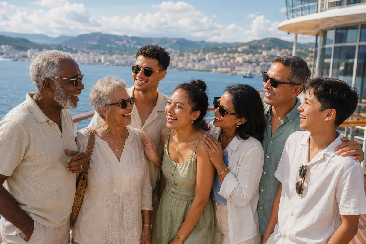 Multigenerational group enjoying time together on a cruise ship deck