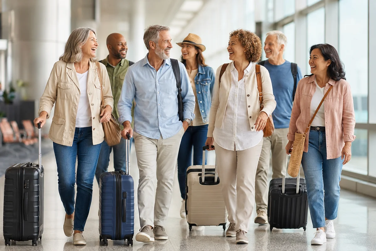Group of mature travelers walking through a bright modern airport terminal with rolling luggage, smiling and chatting on the way to or from a group trip