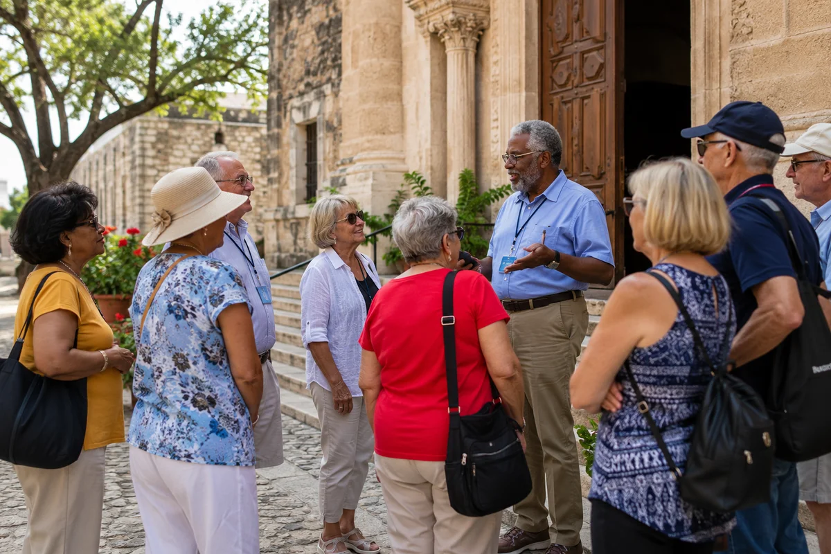 Mature travelers from a club or church group listening to a guide in front of a historic stone building during an organized group tour