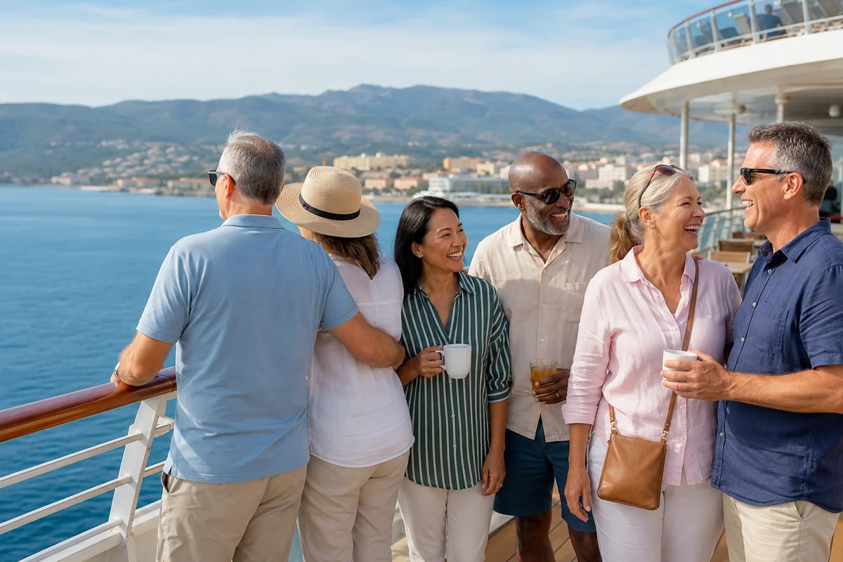 Group of mature friends laughing and relaxing on a cruise ship deck overlooking a sunny coastal town and mountains during a group cruise