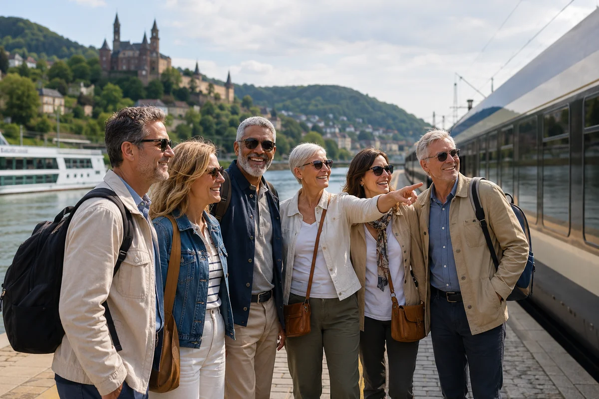 Group of travelers exploring together during a coordinated group cruise, tour, or rail journey