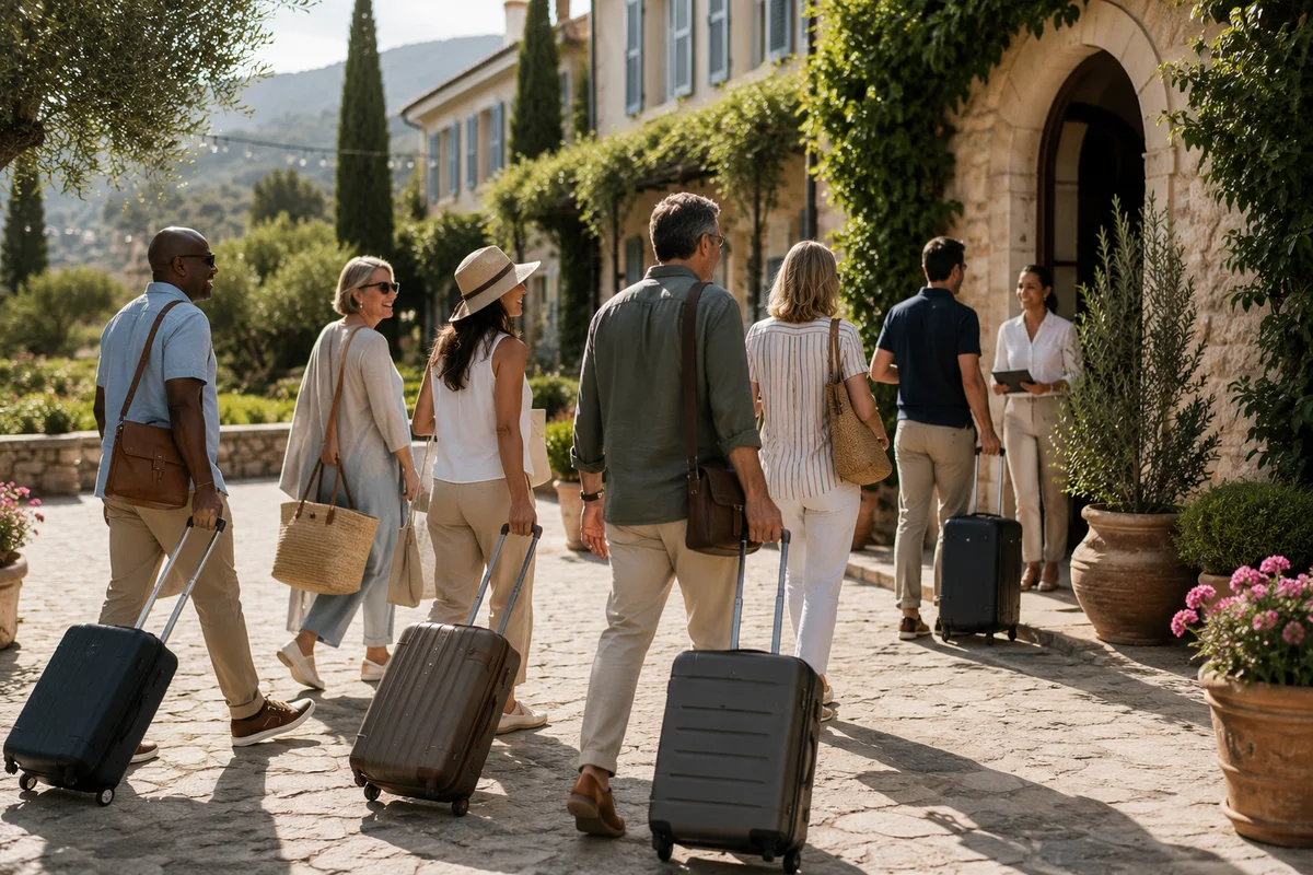 Private group of travelers arriving with luggage at a charming Mediterranean villa for a destination event or exclusive group gathering