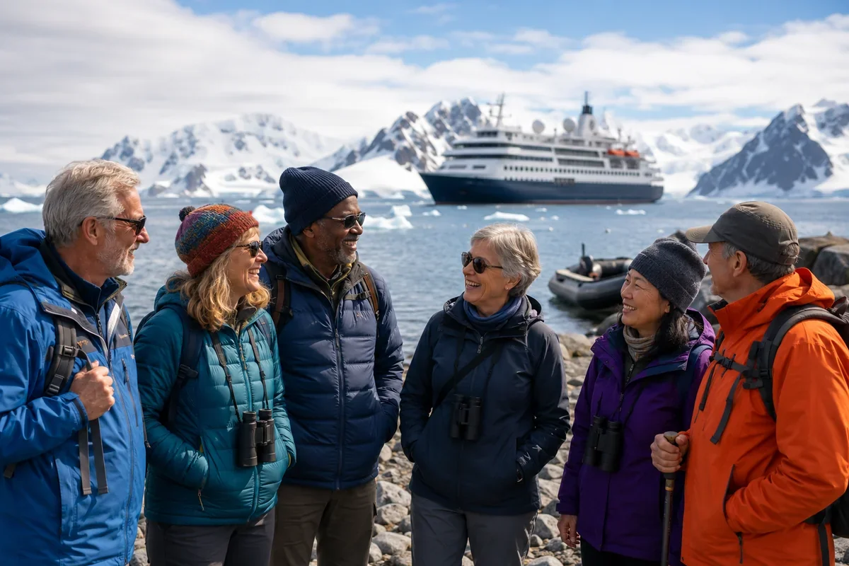 Diverse group of mature travelers in outdoor gear laughing together on a rocky shore with an expedition cruise ship and snowy mountains behind them