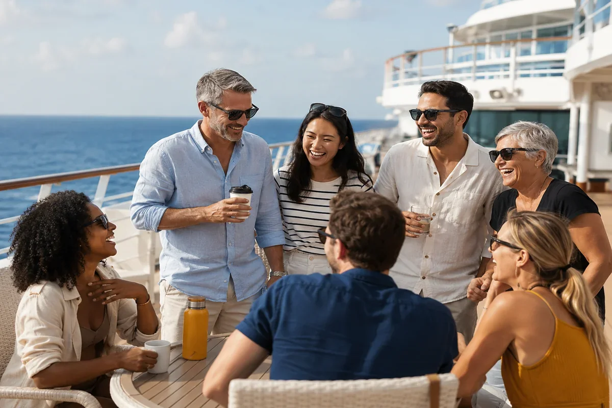 Diverse group of friends laughing and socializing on a sunny cruise ship deck with the ocean in the background