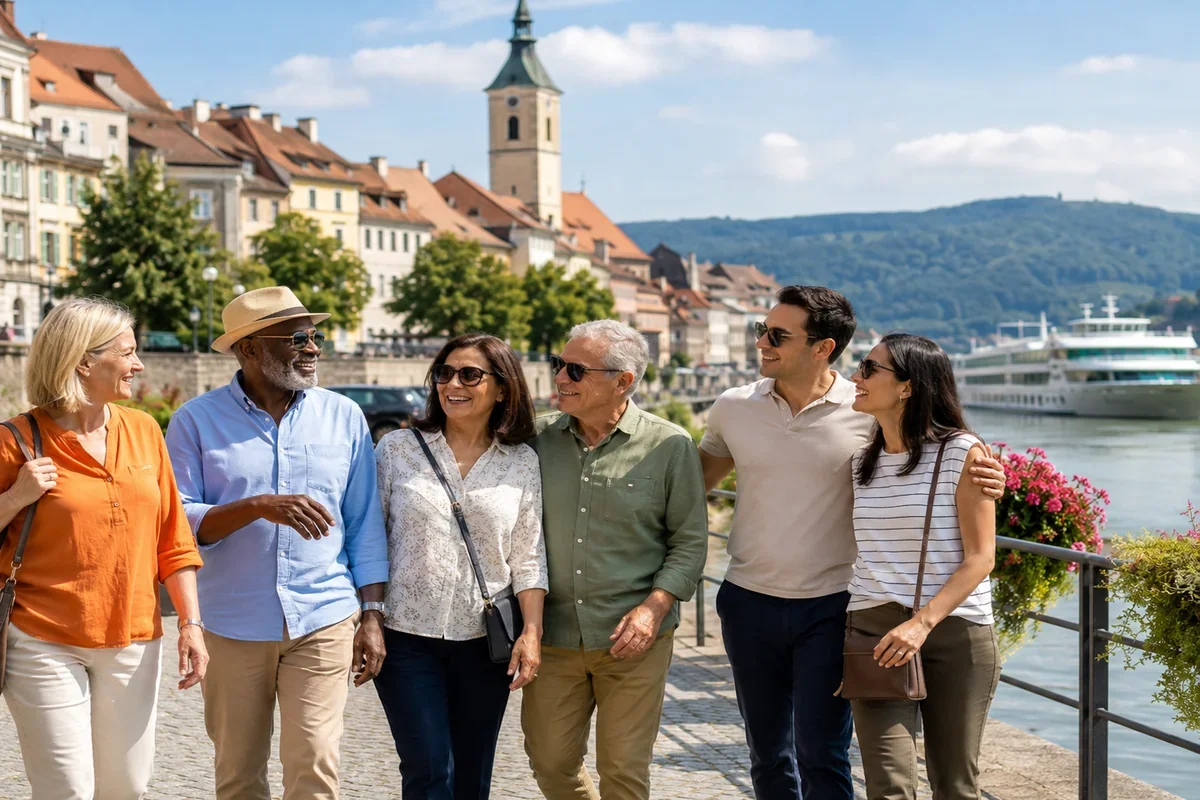 Group of friends enjoying a river cruise stop in a European city