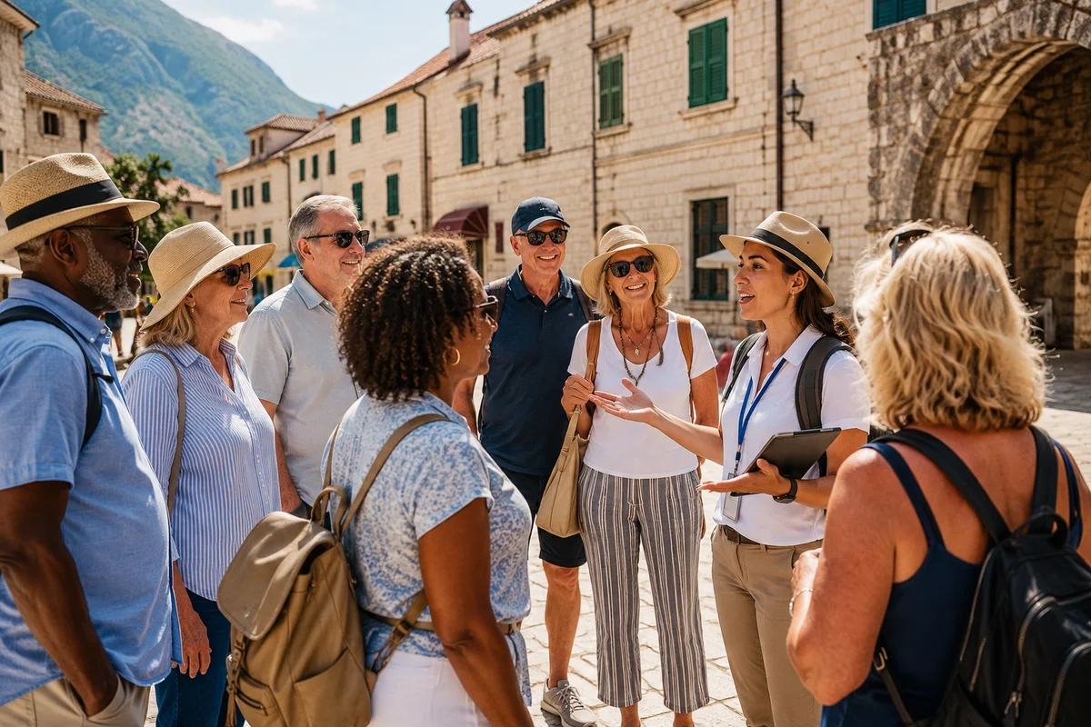 Group of mature travelers listening to a local guide in a sunny historic stone square during a guided group tour in a Mediterranean town
