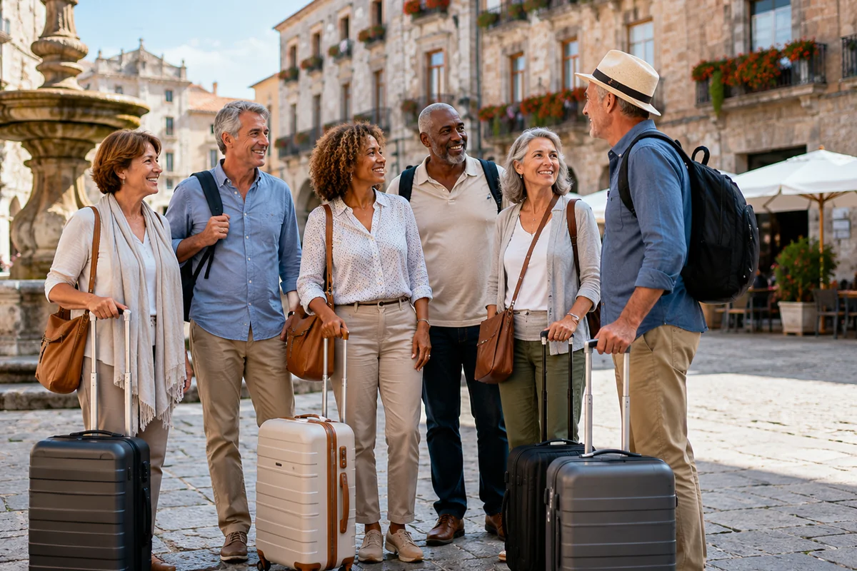 Group of travelers exploring together on a guided vacation